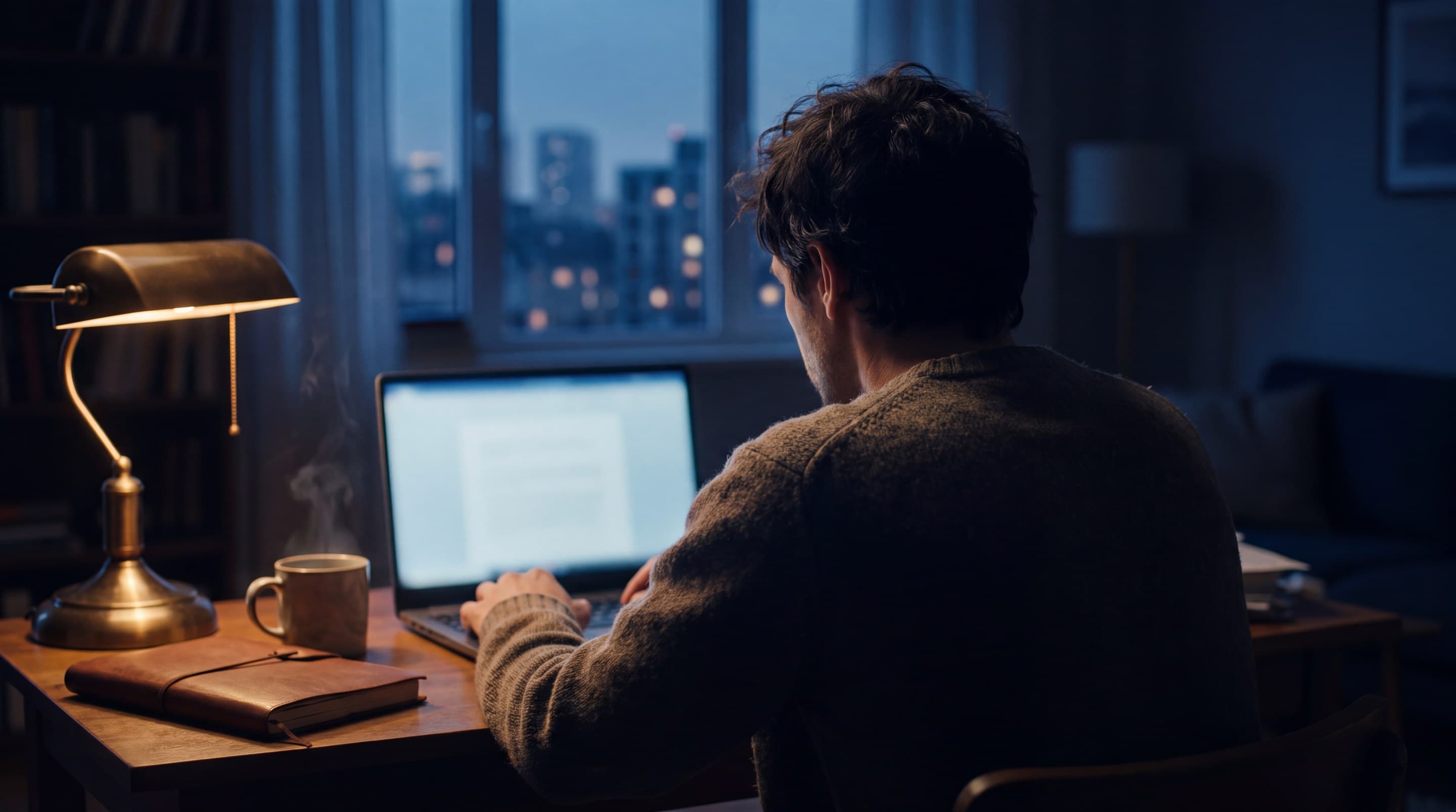 A monitor working from home in the evening, seen from behind, the laptop screen out of focus.