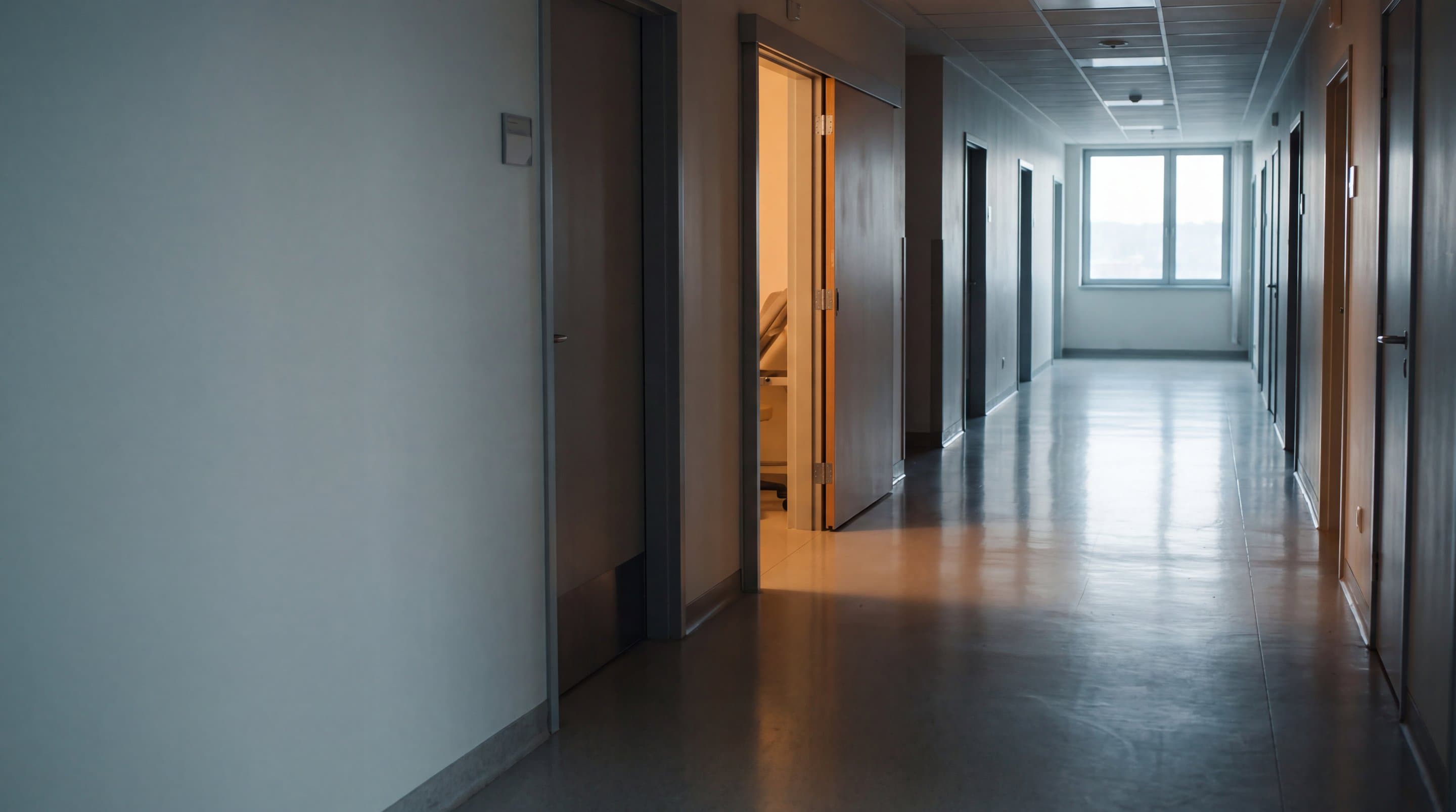 A hospital trial unit corridor at dawn, warm light from one open room.