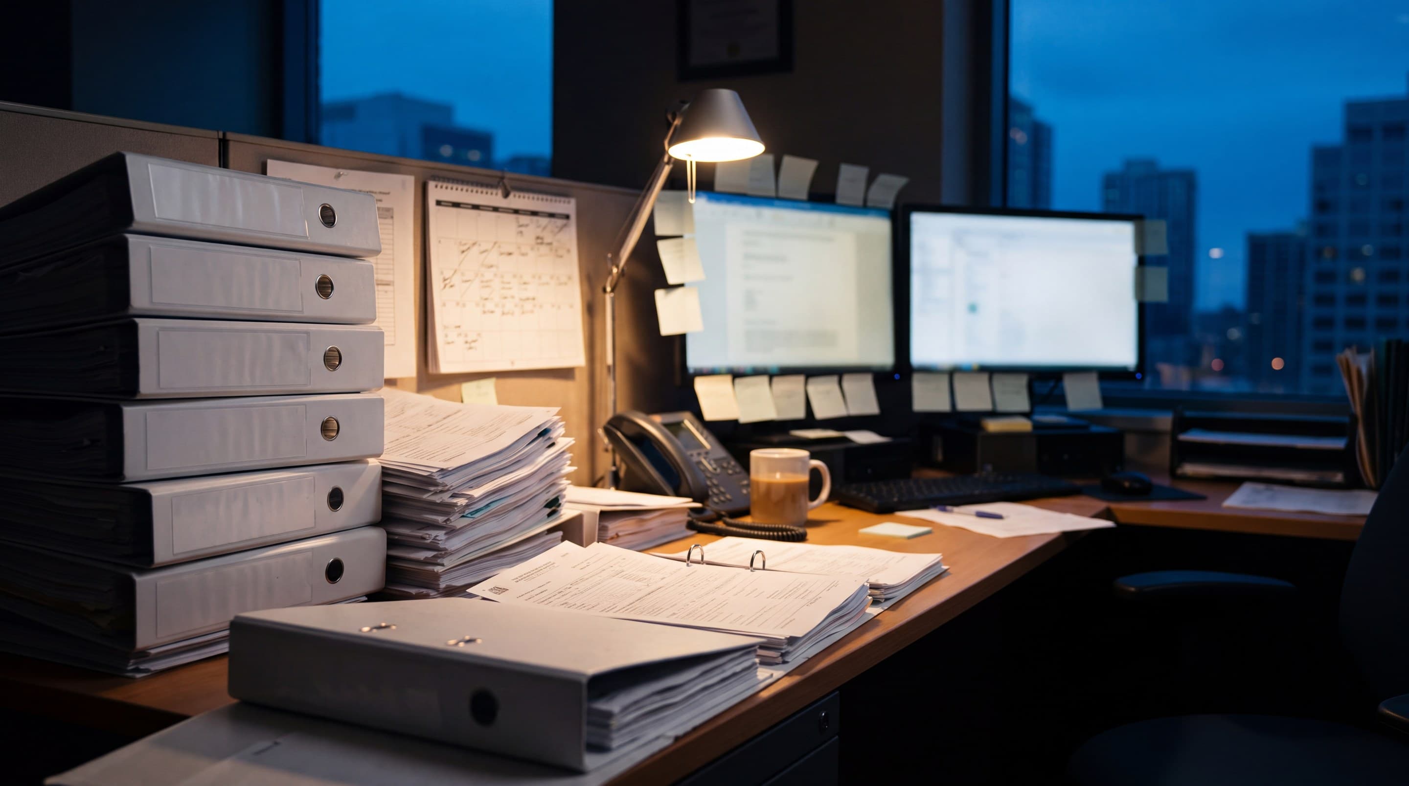 A trial coordinator's desk at dusk, stacked binders and loose forms under a desk lamp.