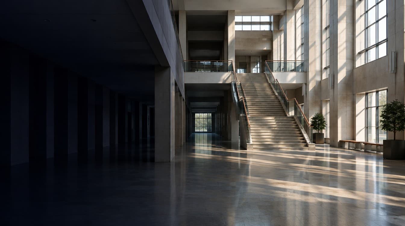 The entrance hall of a university hospital at first light, a stone staircase rising to a gallery.