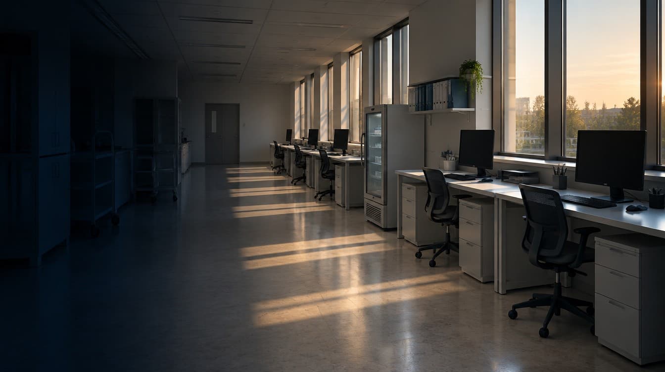 An empty hospital research unit in low sun, the room in shadow.