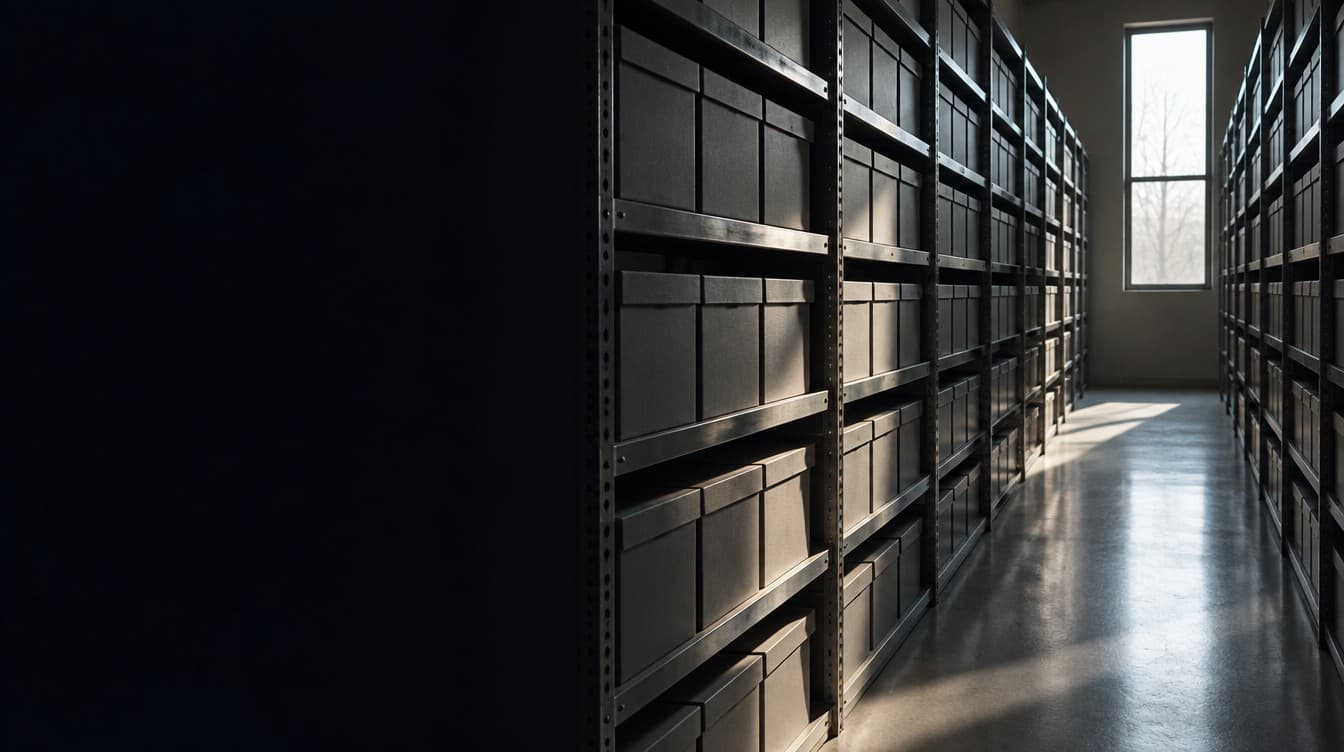 A hospital records archive at first light, rows of closed archive boxes on steel shelving, one high window at the end.