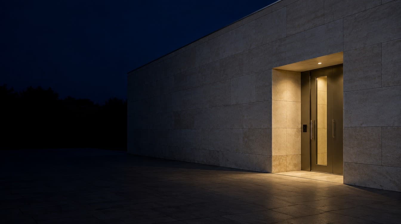 A hospital's stone exterior wall at night, a single secure doorway lit.