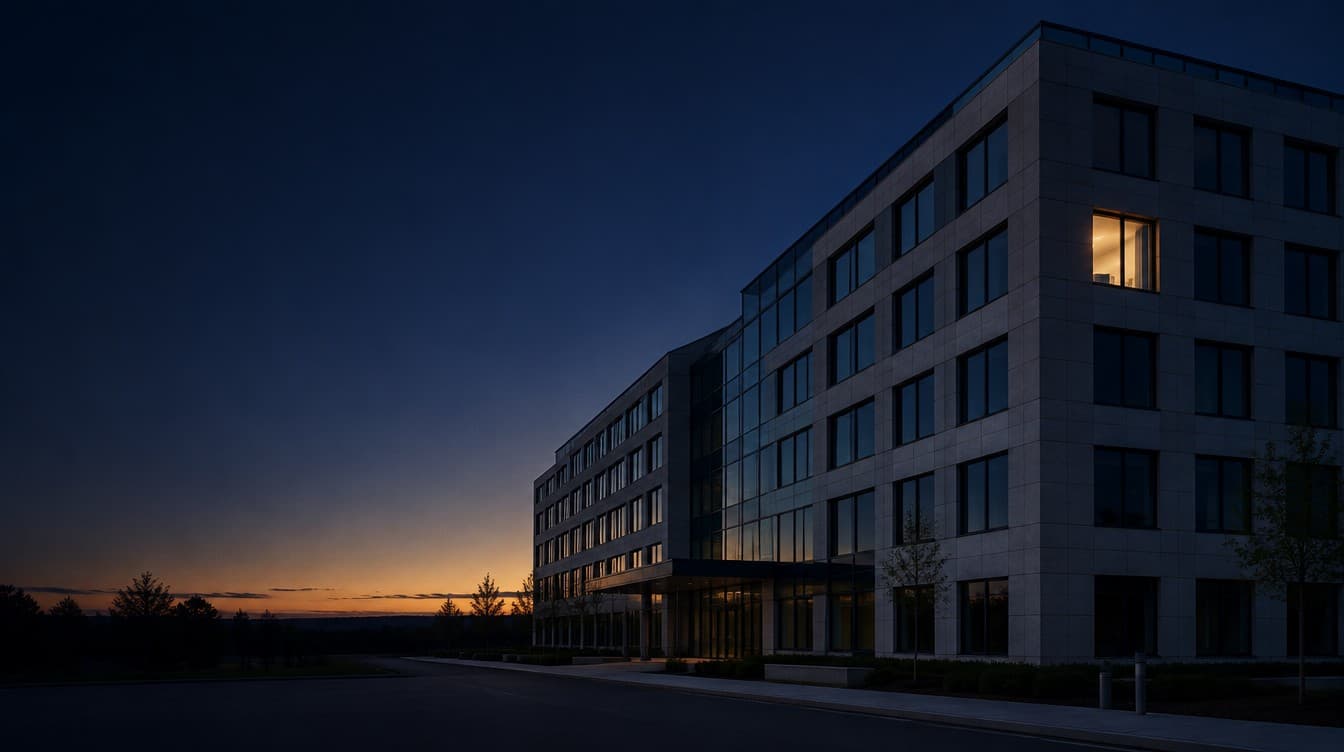 A research hospital at dusk, its facade dark except for one lit window.