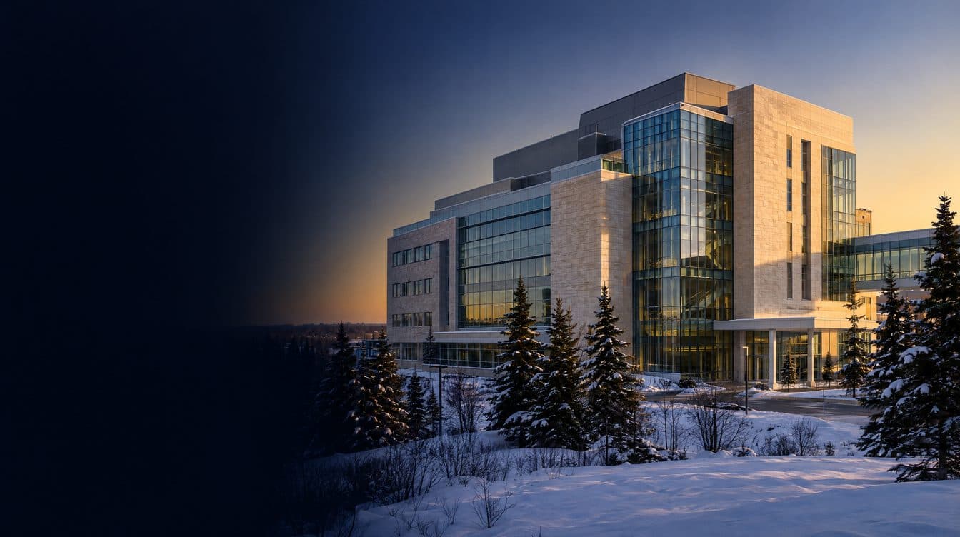 A Canadian teaching hospital in winter light, snow on the forecourt; no people.