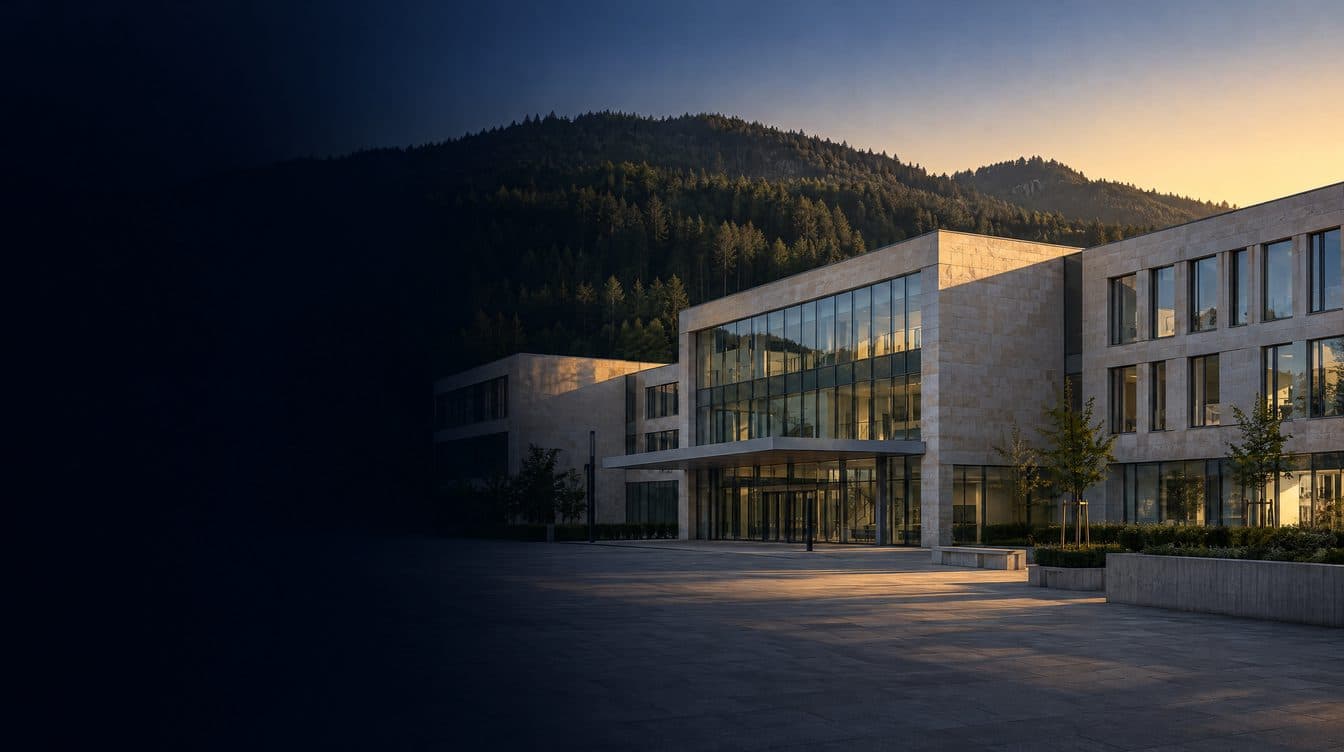 An Austrian hospital of pale stone and glass below wooded hills at first light; no people.