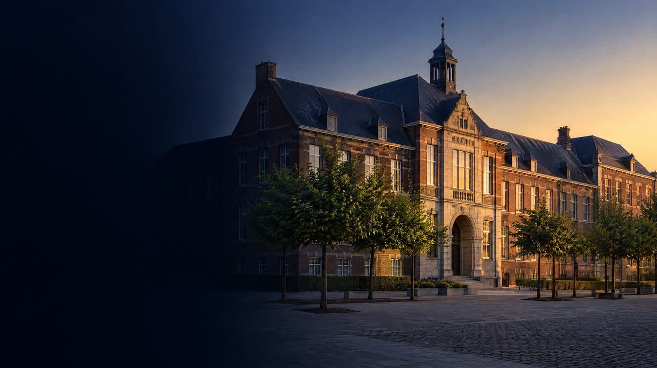 A Belgian hospital of brick and stone at first light, a quiet square with lime trees; no people.