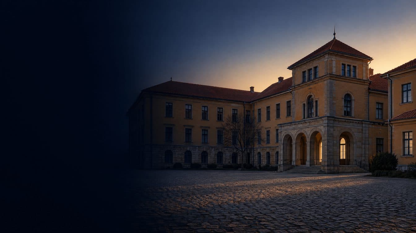 A Czech hospital of ochre render and stone at first light, a cobbled forecourt; no people.