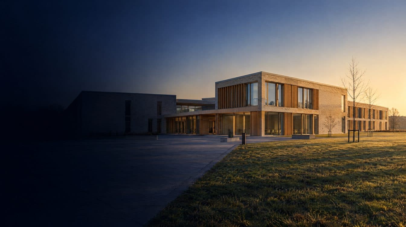 A Danish hospital of pale brick and timber at first light, low winter sun over grass; no people.