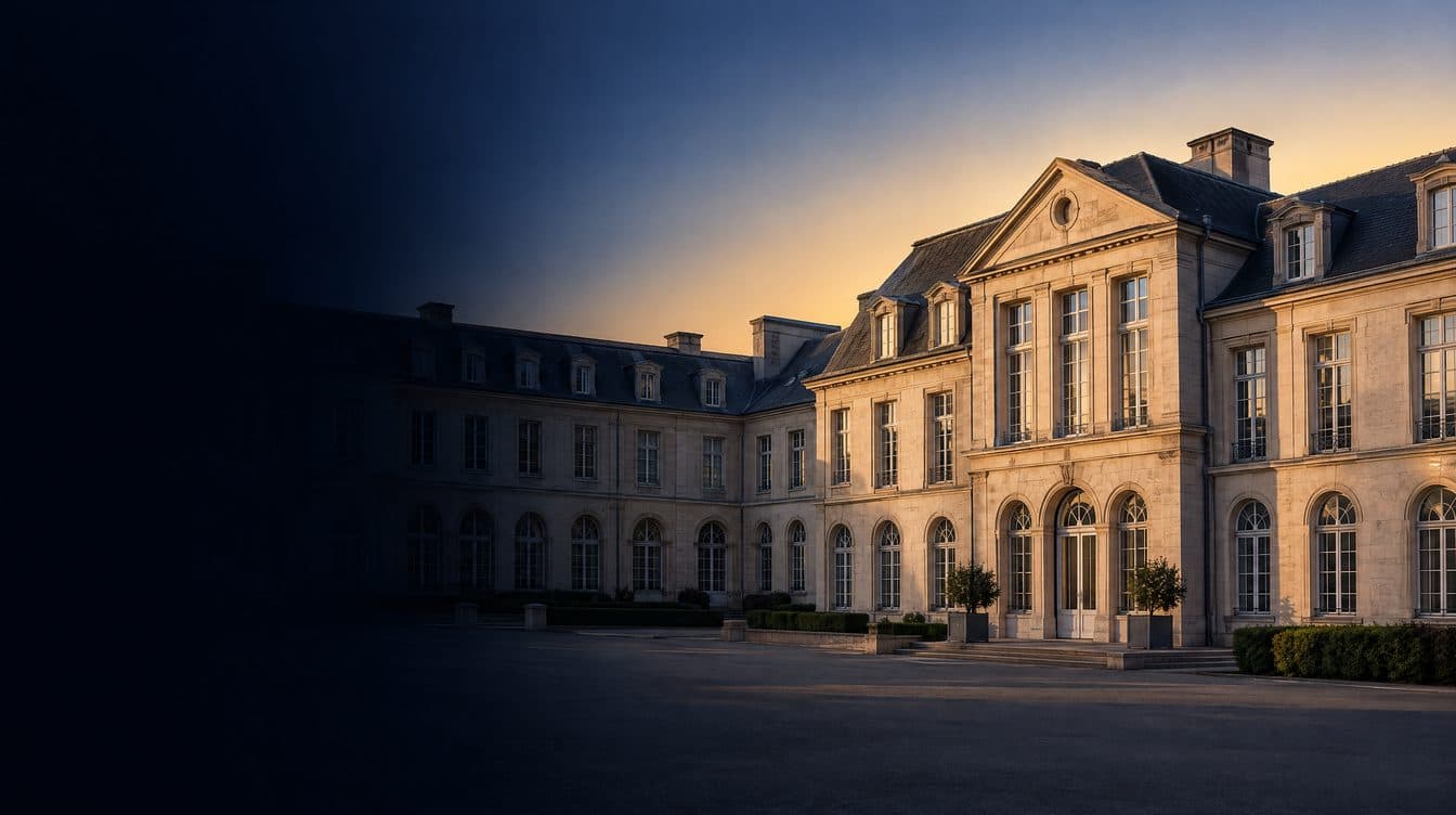 A French teaching hospital of pale stone at first light, a courtyard and tall windows; no people.