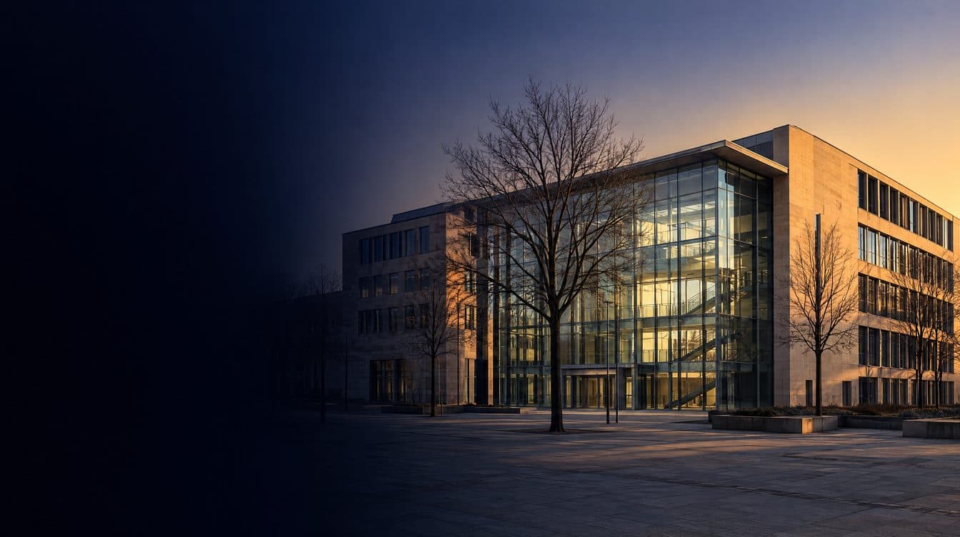 A German university hospital of glass and sandstone at first light, bare trees in the forecourt; no people.