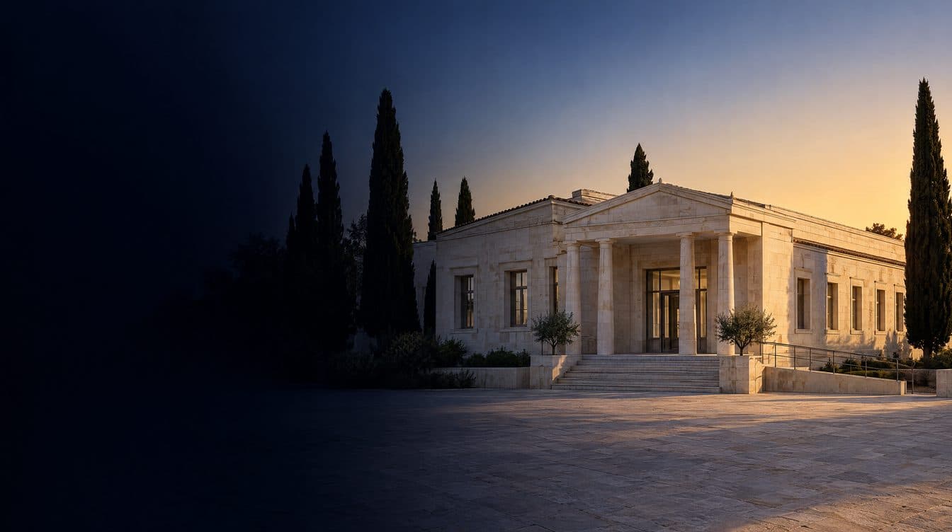 A Greek hospital of white stone at first light, cypress trees and a pale sky; no people.