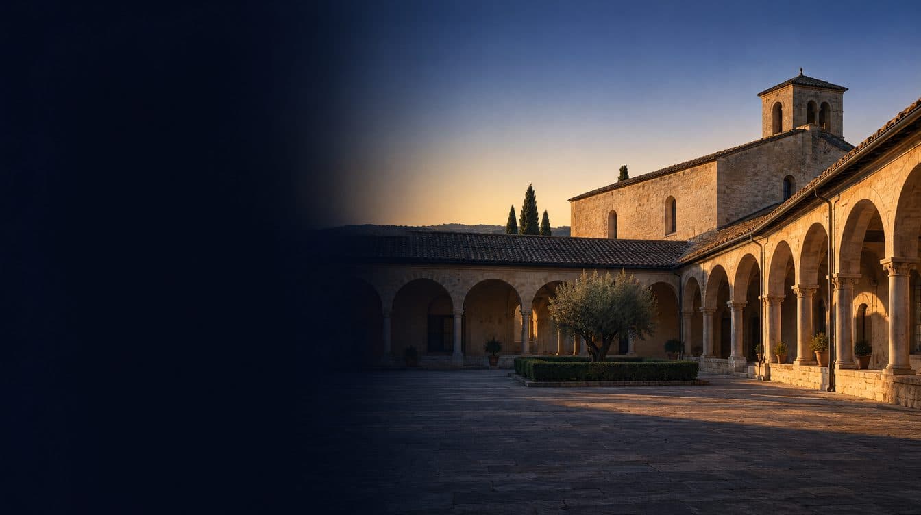An Italian hospital cloister of warm stone at first light, arches and a quiet courtyard; no people.