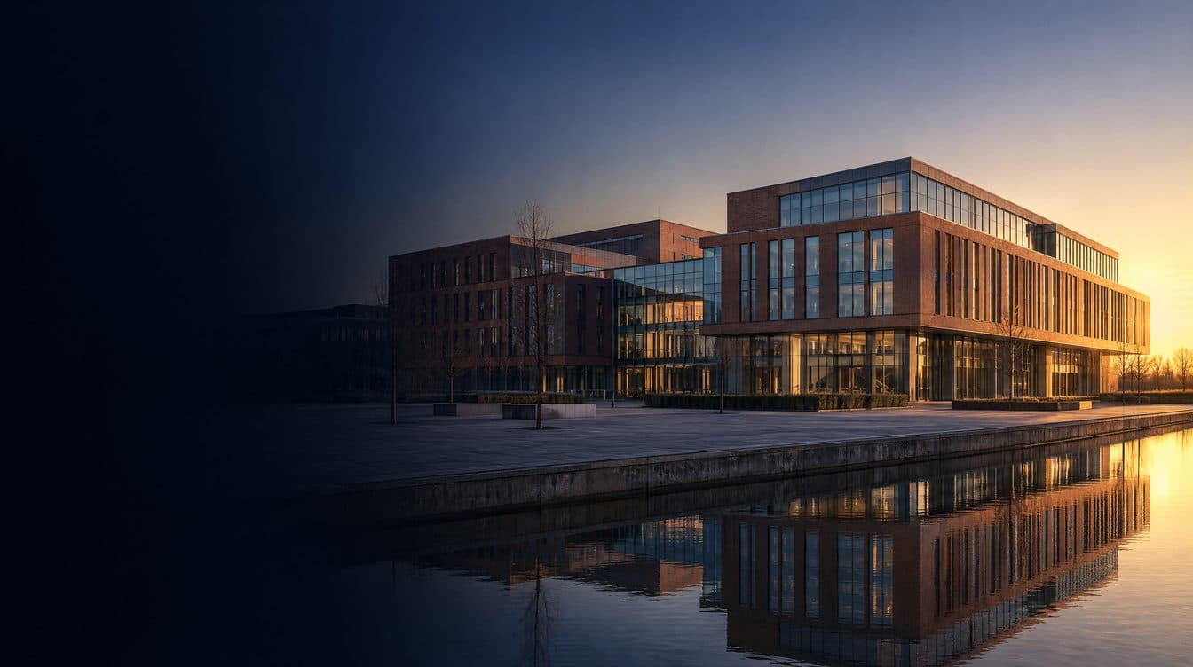 A Dutch academic hospital of brick and glass at first light, beside still water; no people.