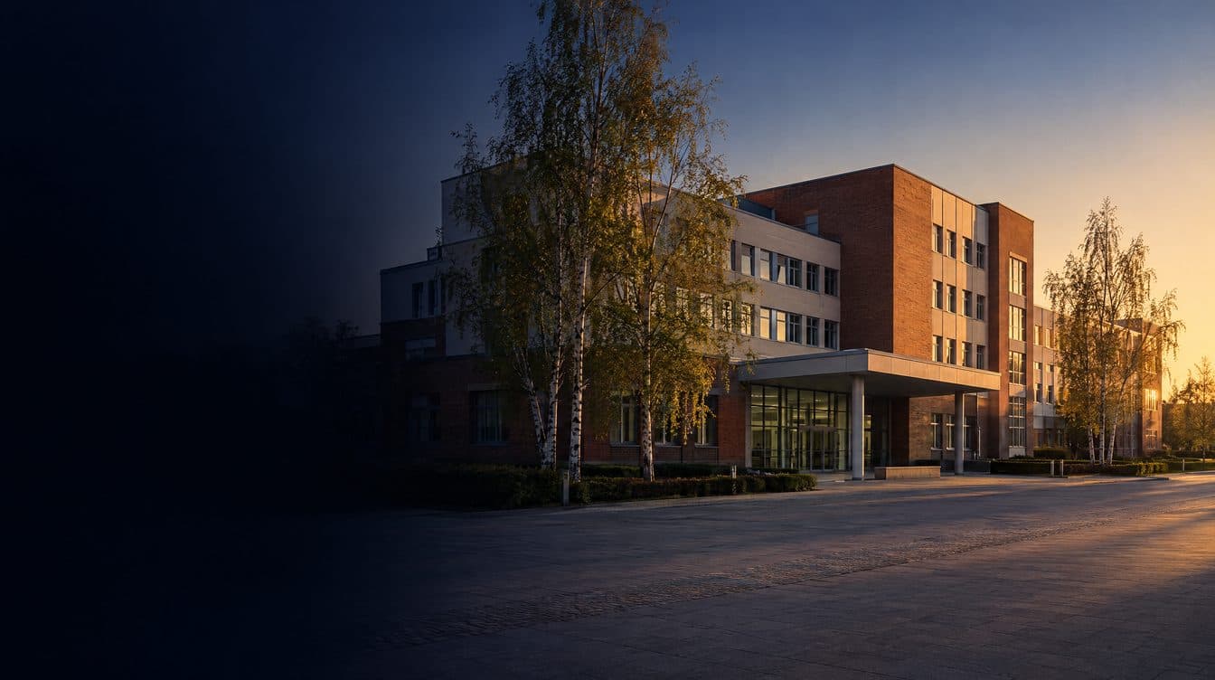 A Polish university hospital of brick and pale render at first light, birch trees; no people.