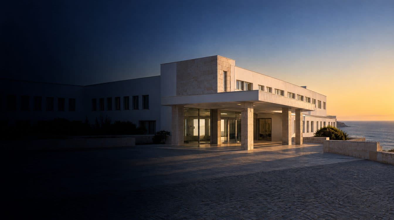 A Portuguese hospital of white render and pale stone at first light, above the sea; no people.