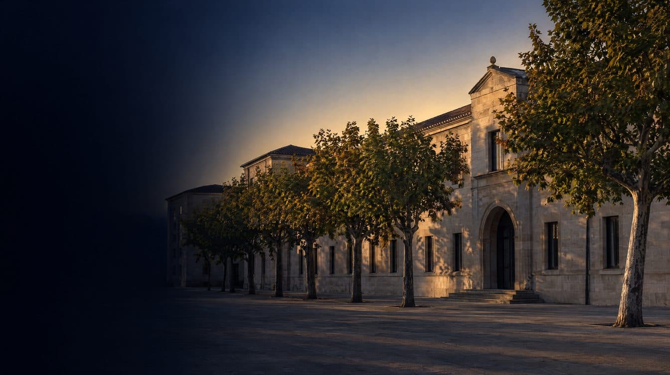 A Spanish hospital of pale stone and deep shade at first light, a row of plane trees; no people.