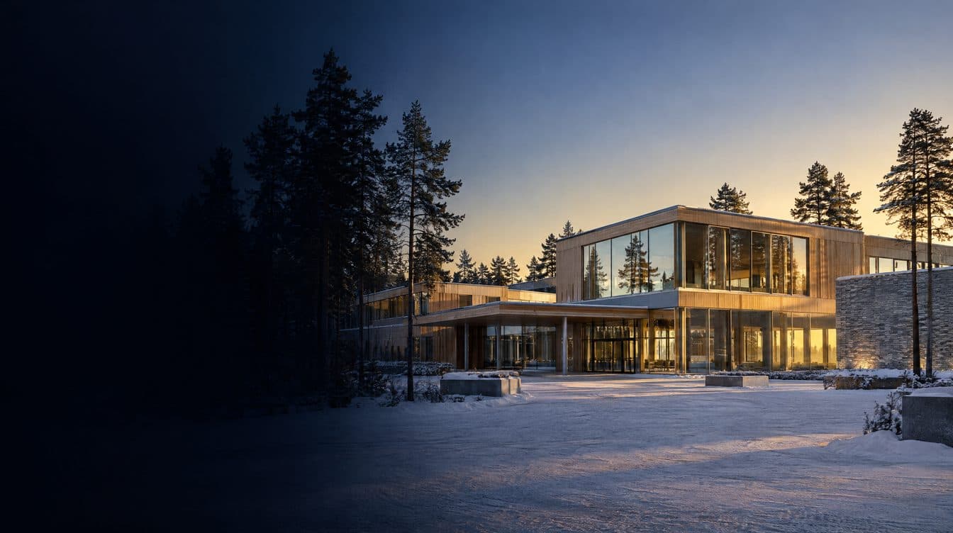 A Swedish hospital of timber and glass among pines at first light, snow on the ground; no people.