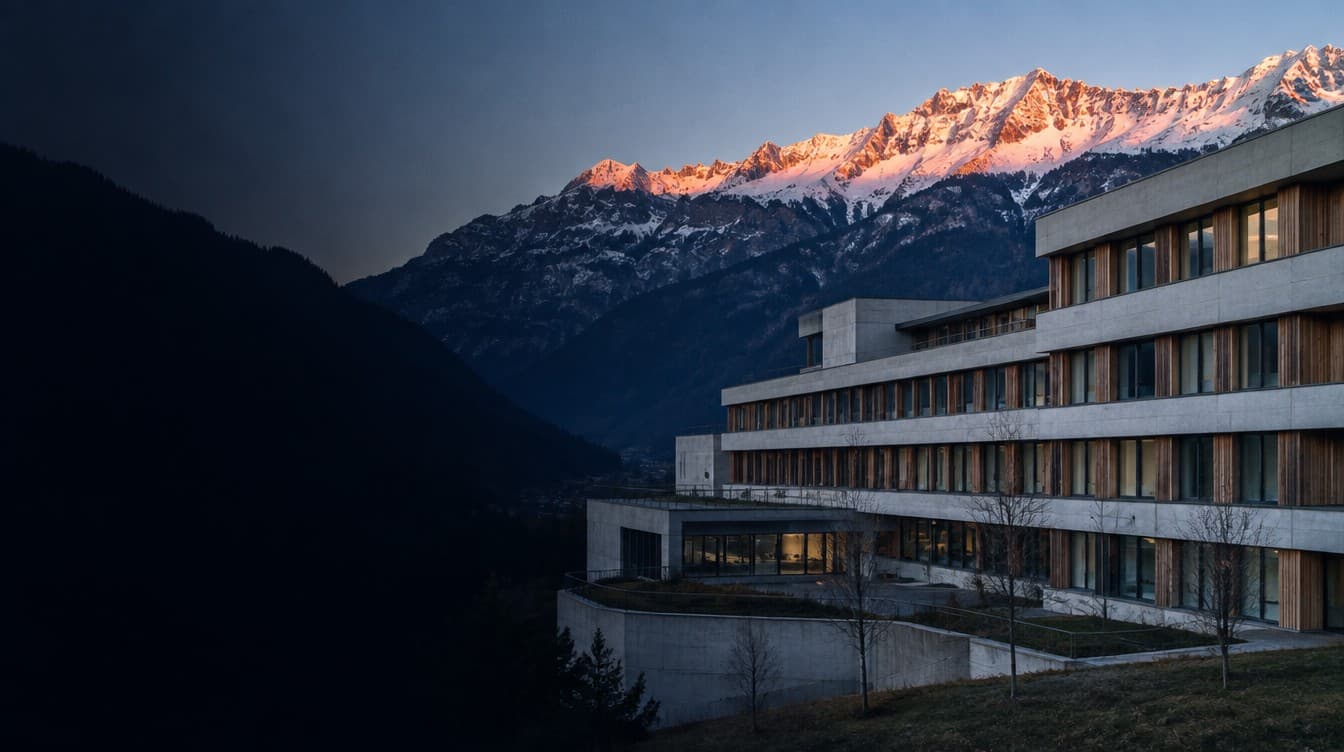 A modern Swiss hospital building below a mountain ridge at first light.