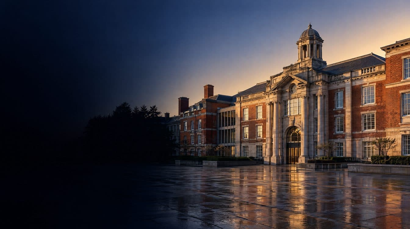 A British teaching hospital of red brick and Portland stone at first light, wet paving; no people.
