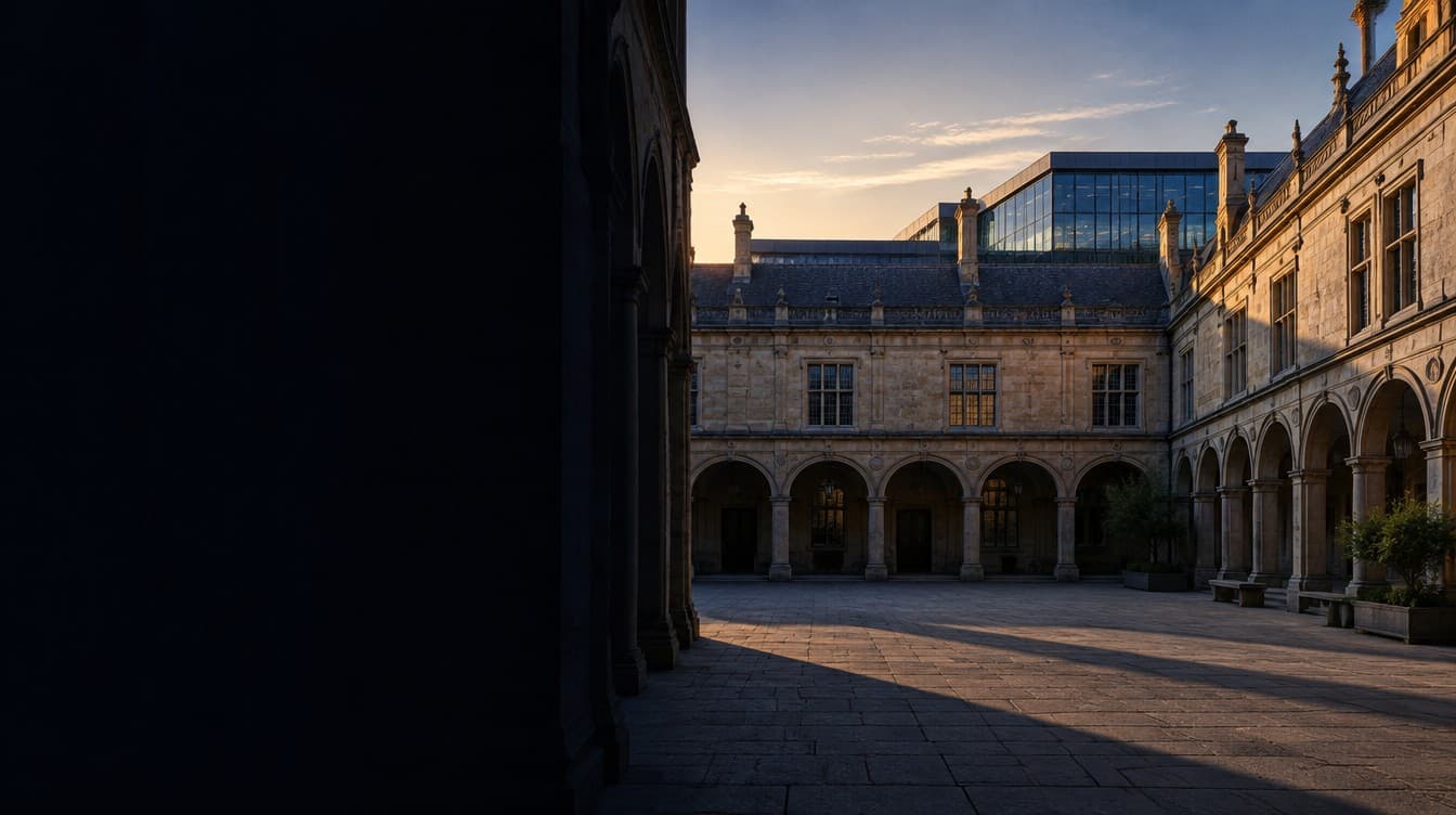 A European university hospital courtyard at dawn, stone arcades in long shadow.