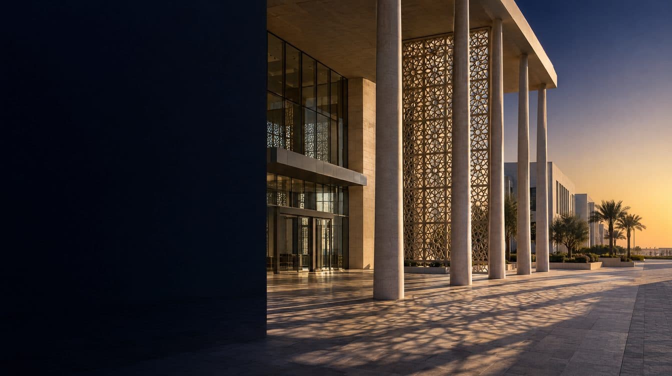 A Gulf hospital campus at first light, low sun on pale stone; no people.