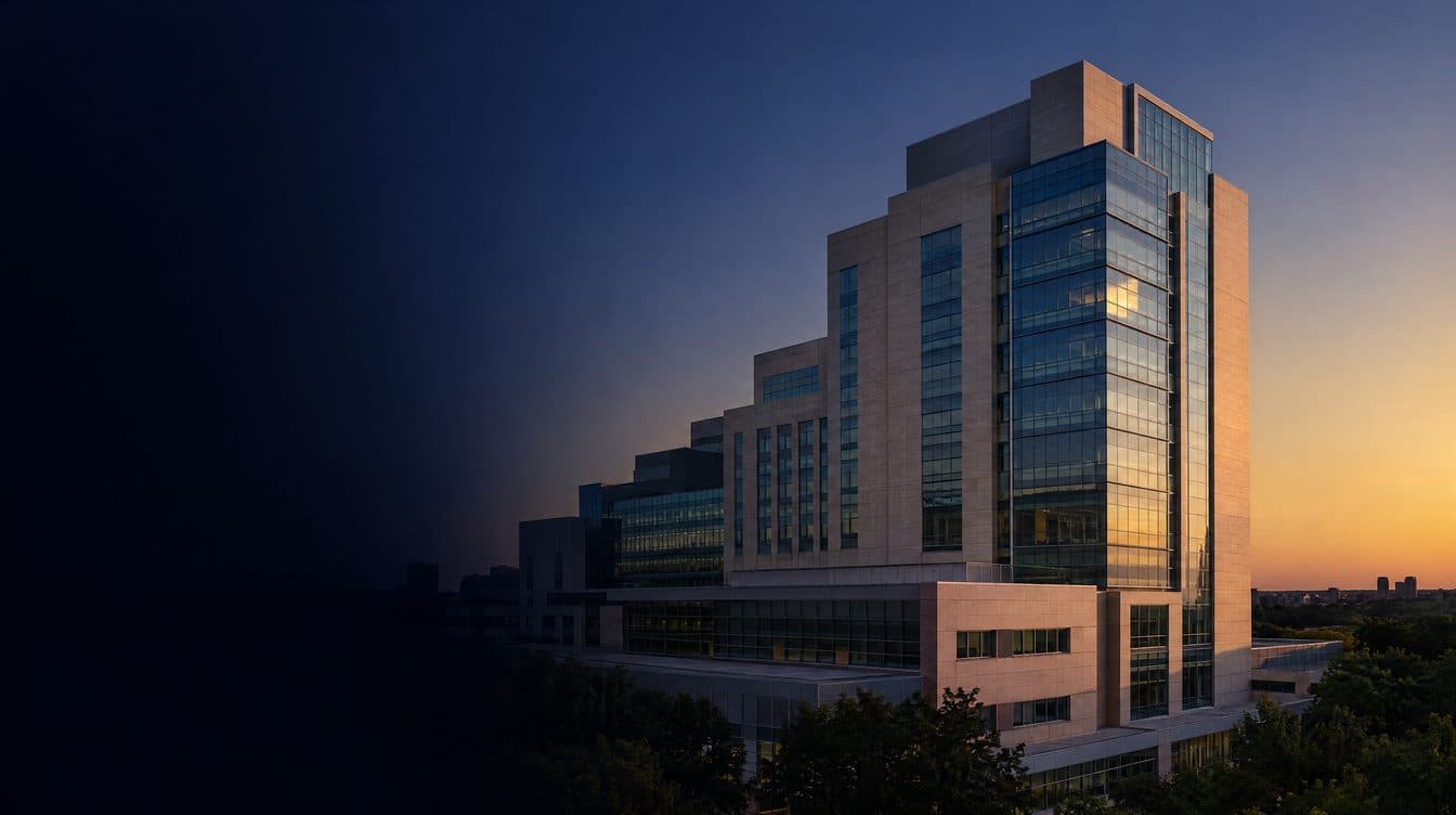 An American academic medical centre at first light, glass and brick; no people.