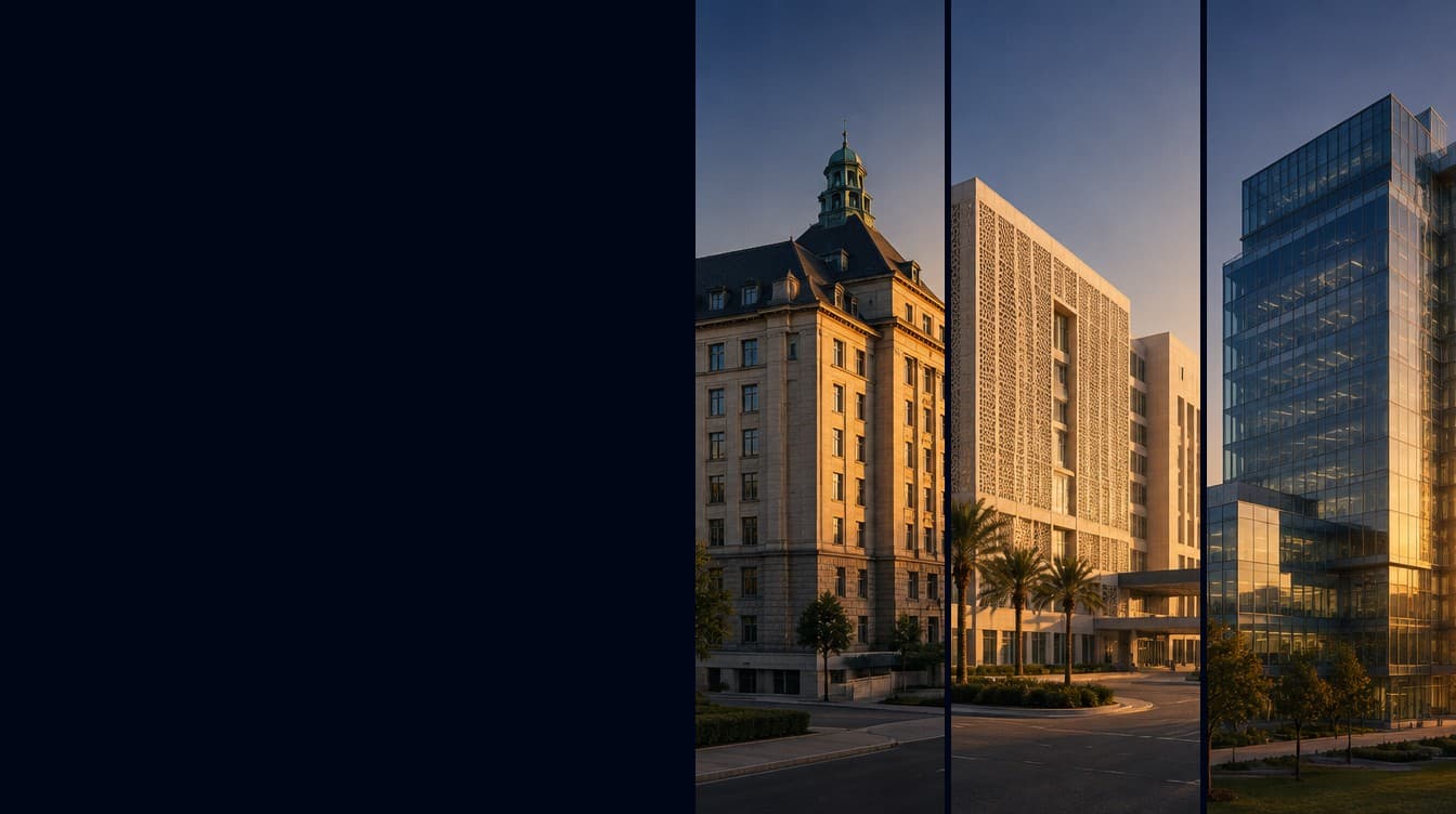 Three hospital buildings in different regions, composited as vertical bands at first light.