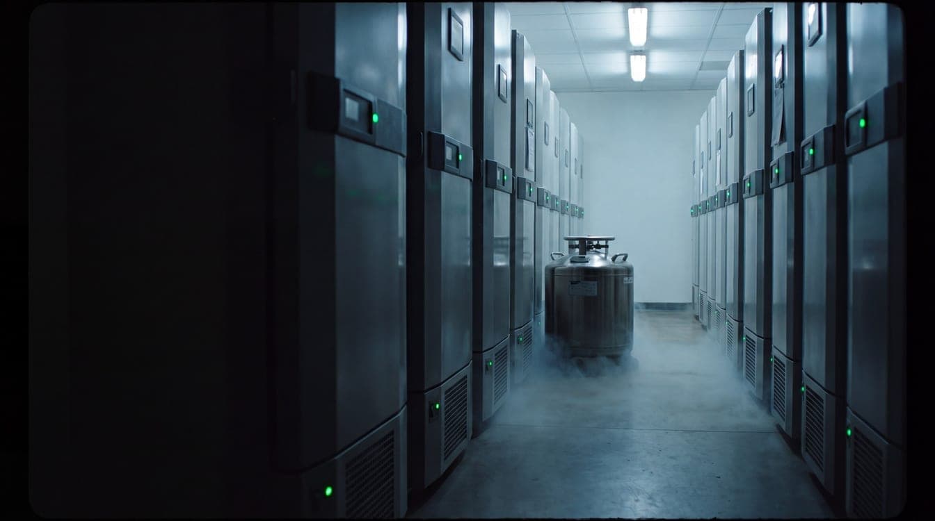 A hospital biobank at night, rows of sample freezers and a nitrogen tank, small status lights.