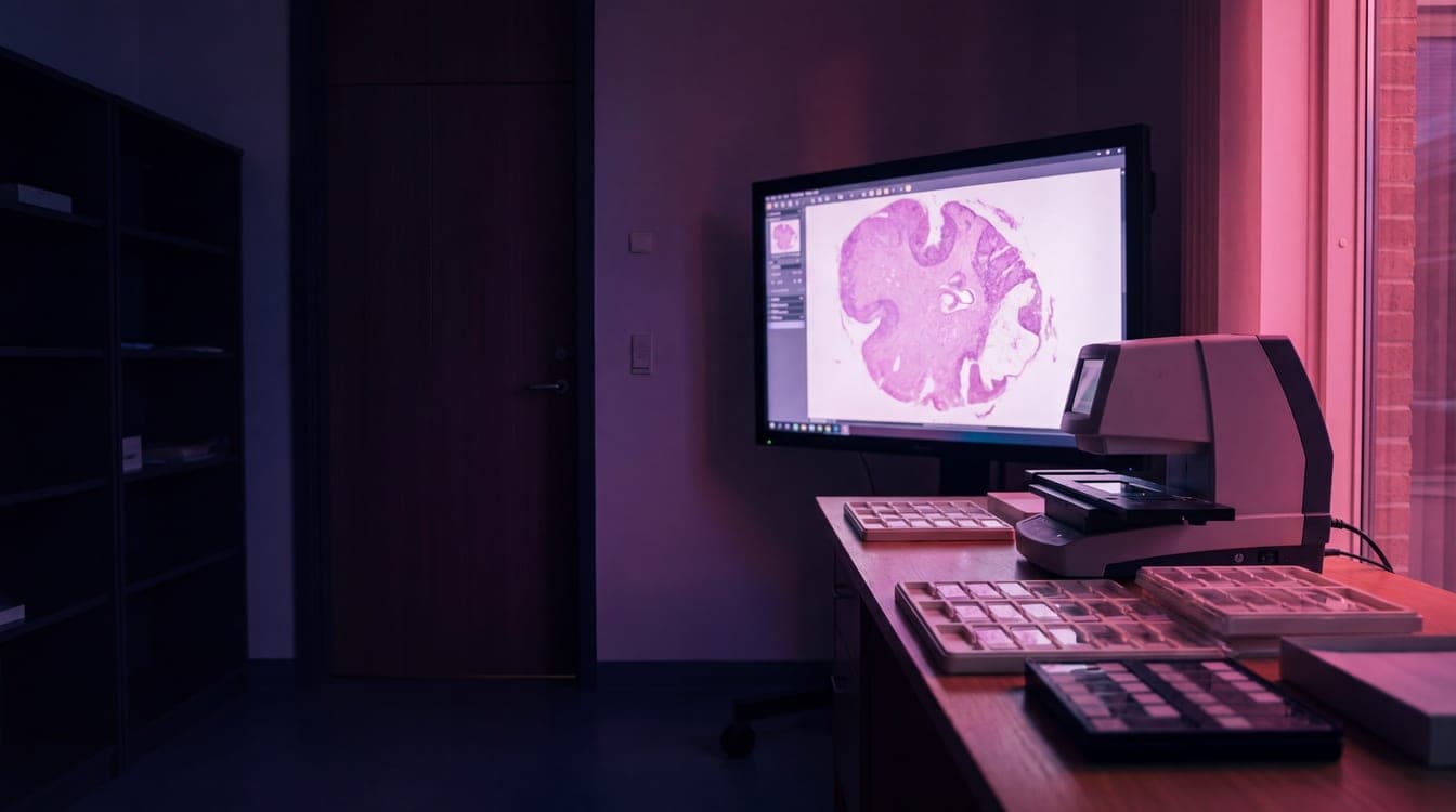 A pathology lab at dusk, a slide scanner, trays of slides, and a monitor glowing with tissue colours.