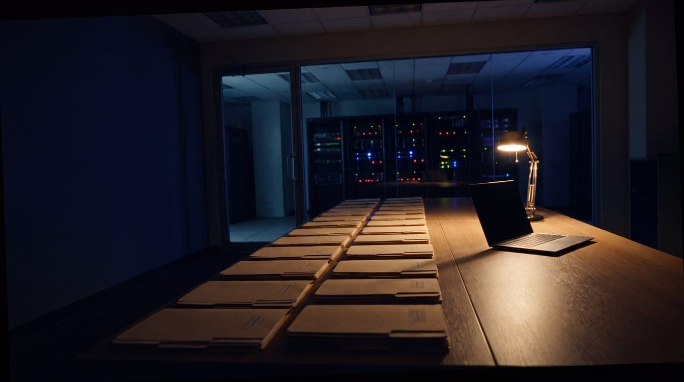 A data governance office at dusk, closed folders on a long table, a server room behind glass.