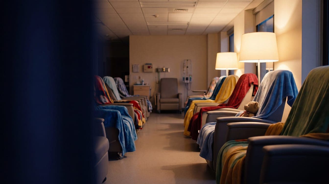 A paediatric oncology day unit at dusk, empty treatment chairs with soft blankets, no people.