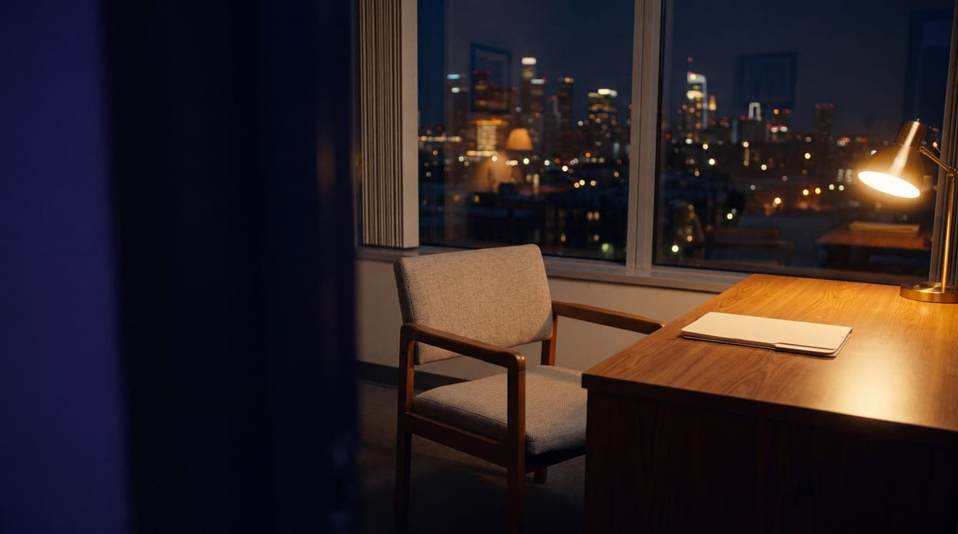 A rare disease consultation room at dusk, a family chair and a closed patient folder, no people.