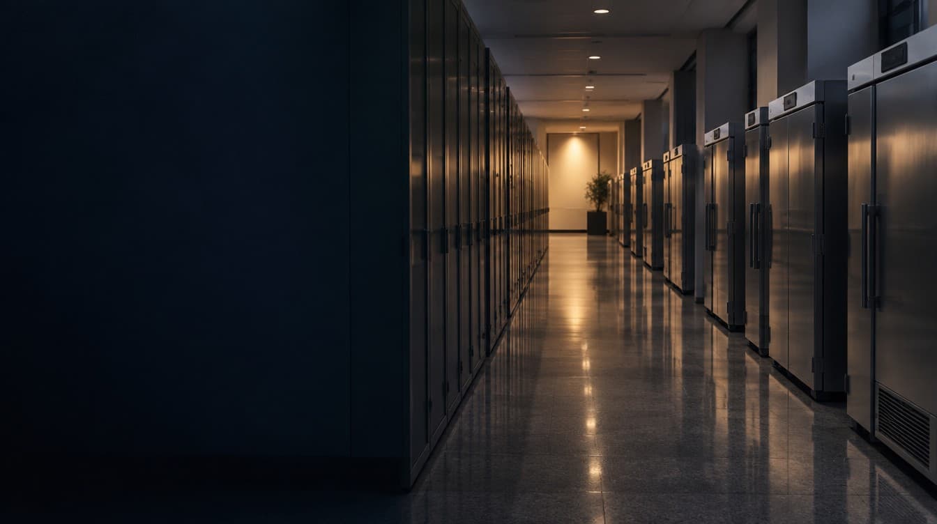 A hospital biobank corridor at dusk, rows of sealed sample freezers under low light.