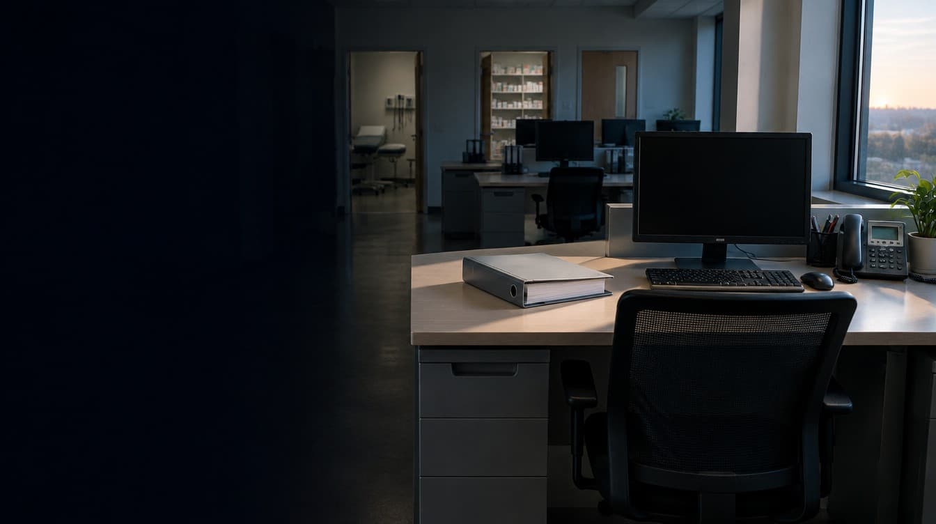 A study coordinator's desk in a hospital research unit at first light, a closed binder beside a switched-off monitor; no people.