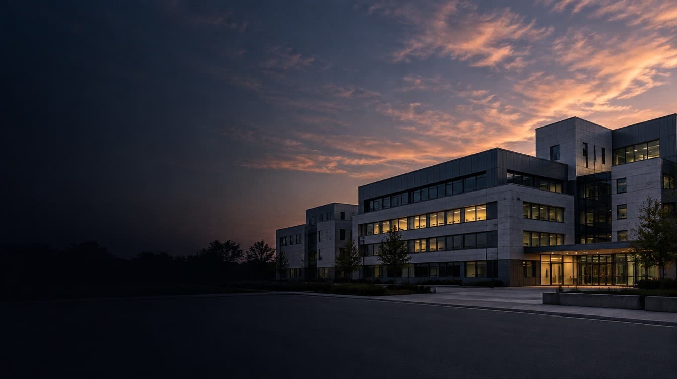 A modern research hospital at dusk under a wide evening sky, a few of its windows lit.