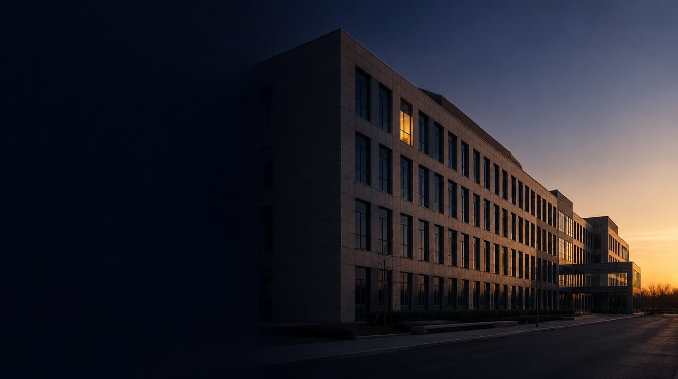The facade of a research hospital at dawn, one lit window among many dark ones.