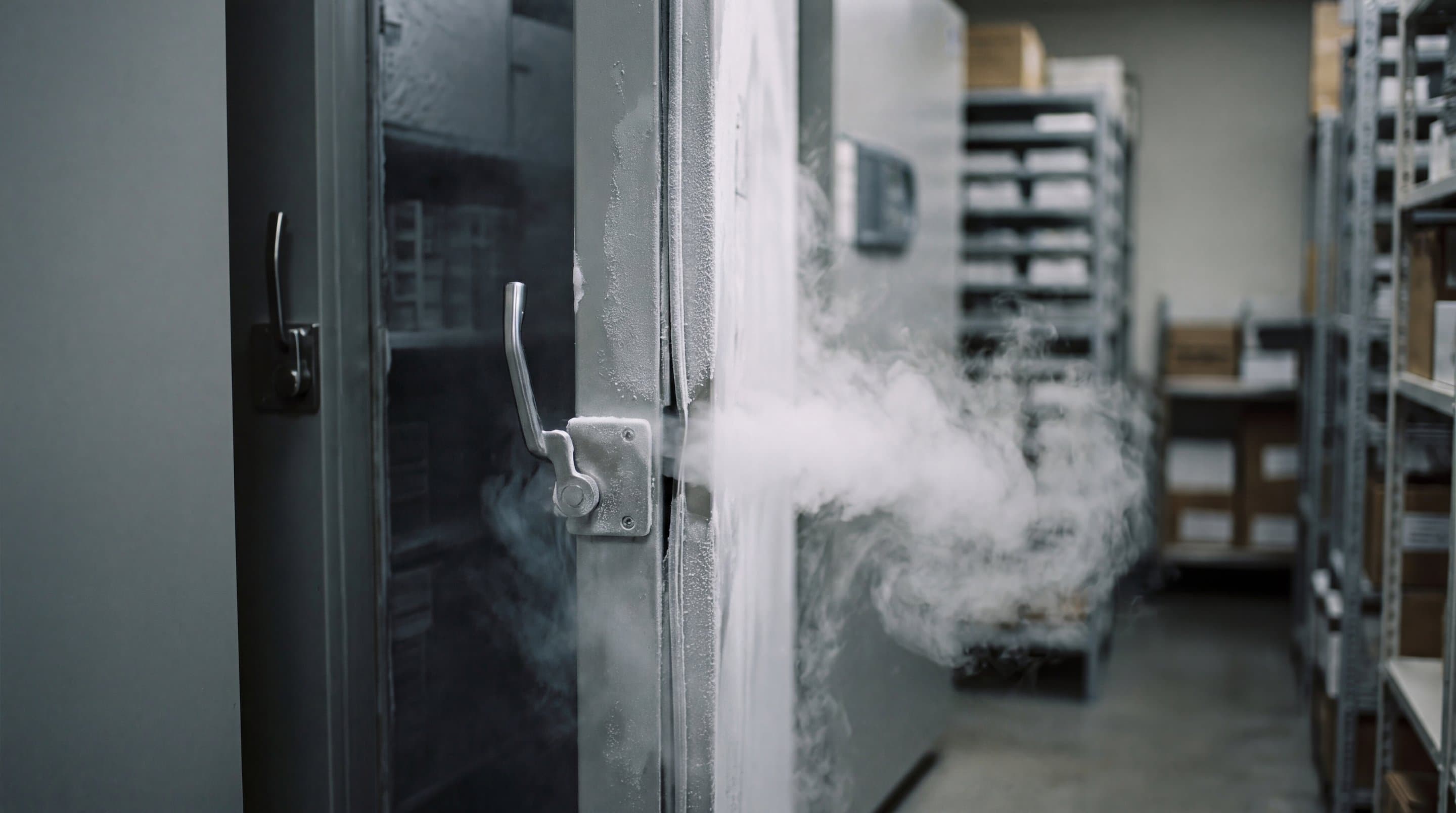 A row of sealed sample freezers along a hospital corridor in low light.