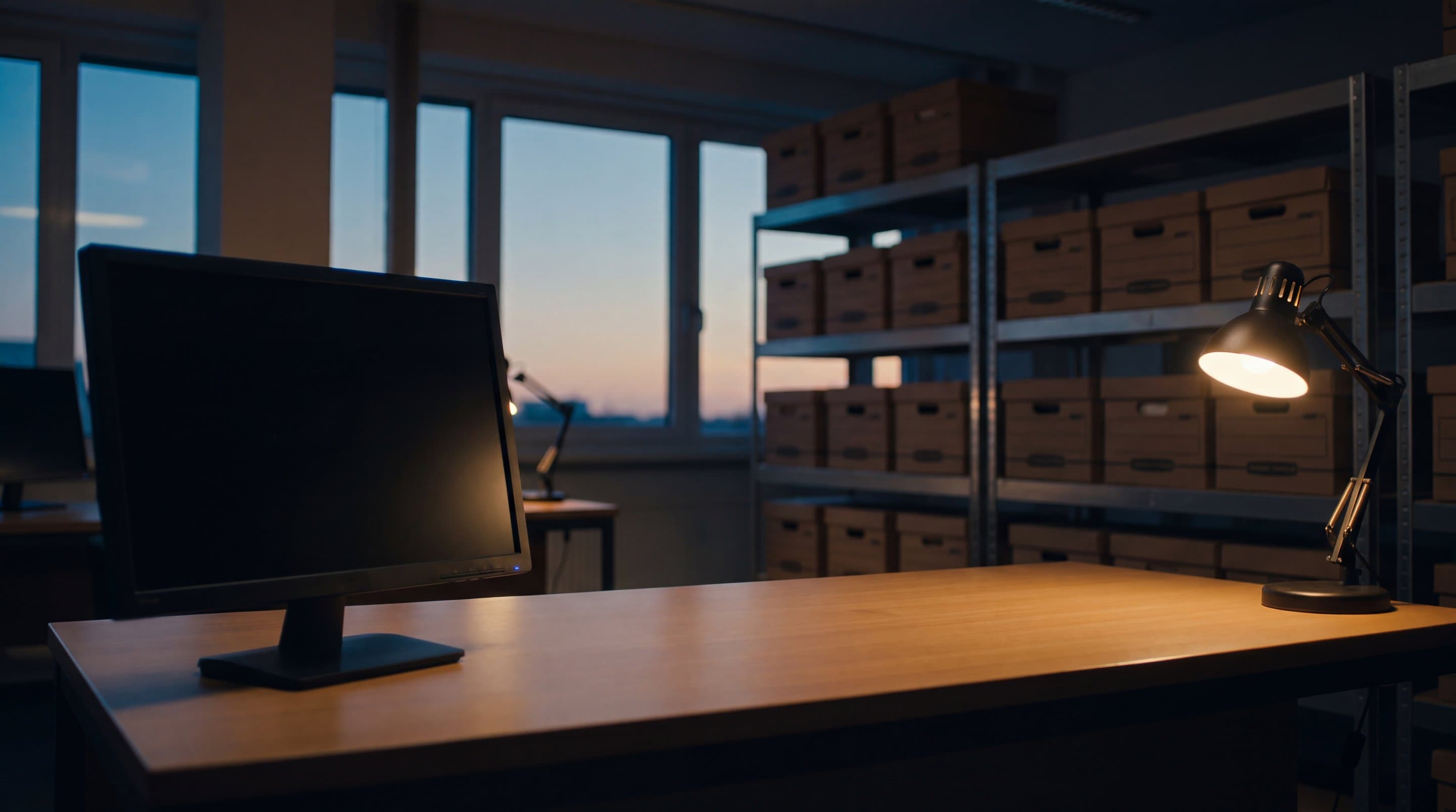 A hospital records office at dusk, archive shelving and one quiet workstation.