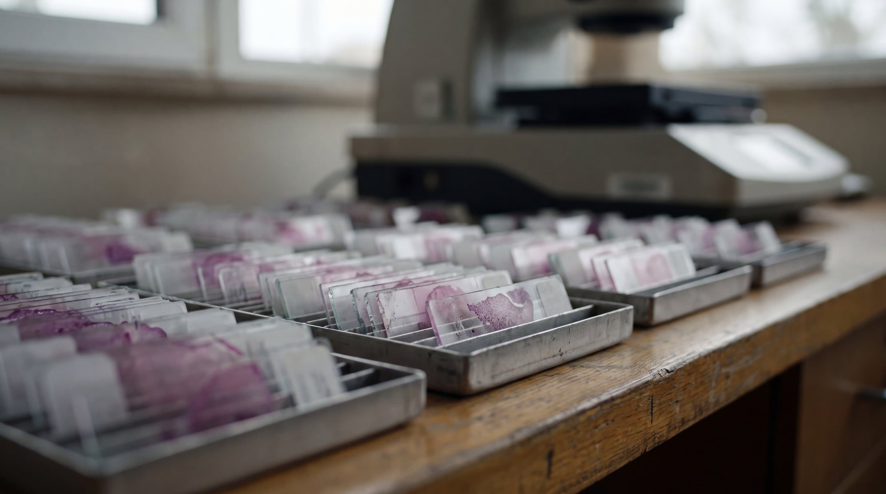 A pathology laboratory at dusk, a slide scanner beside racks of glass slides.