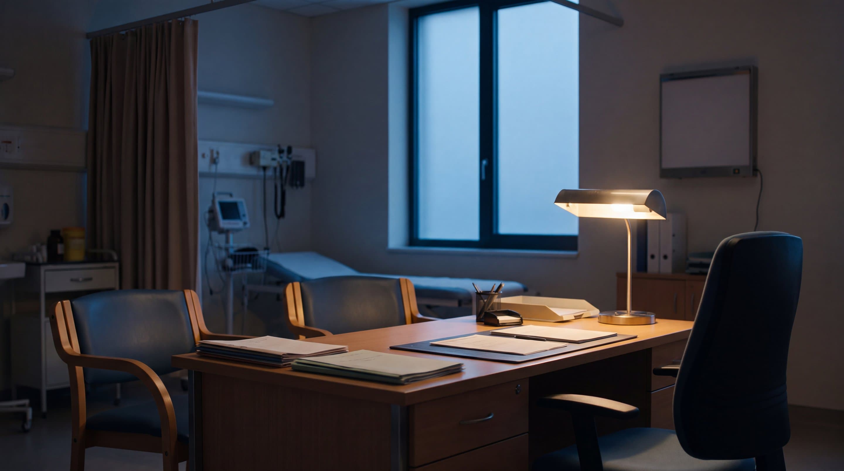 An empty specialist clinic room at dusk, a closed patient folder on the desk.