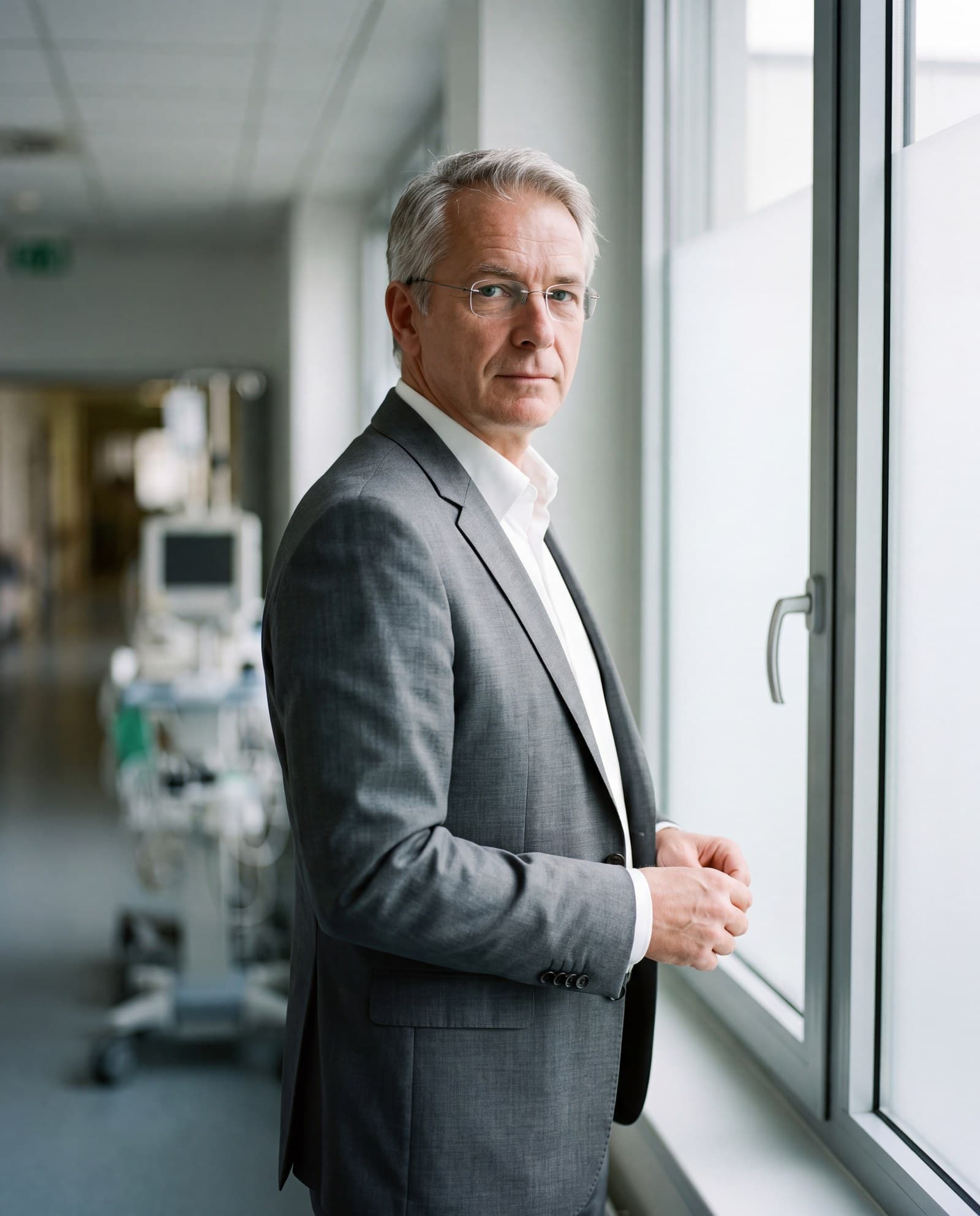 Illustrative portrait of a director of research by a window in a hospital research building.