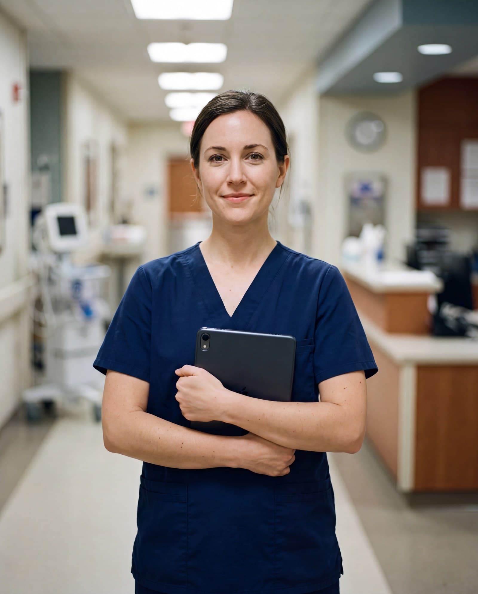 Illustrative portrait of a research nurse in scrubs holding a tablet in a research unit.