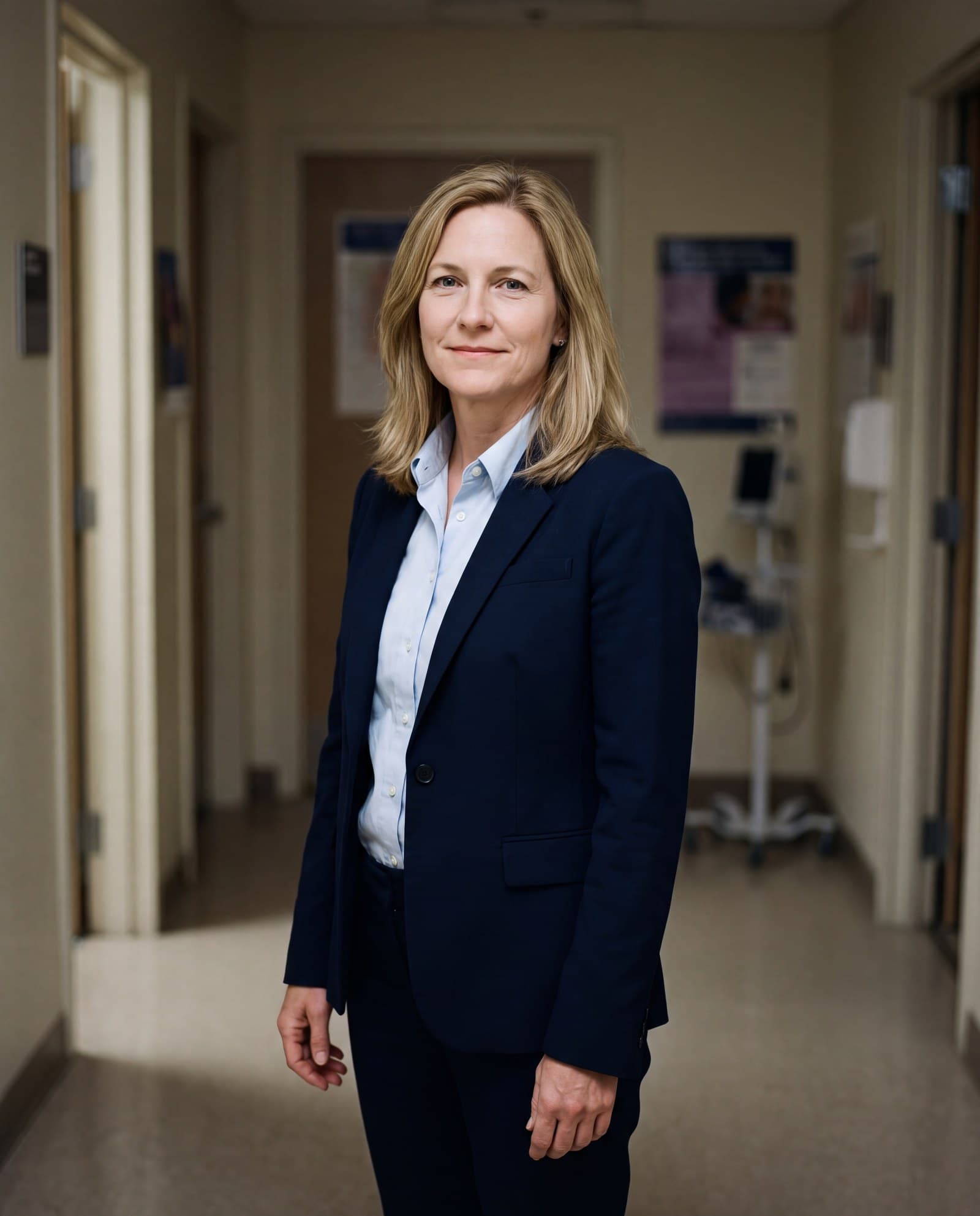 Illustrative portrait of the head of a hospital trial unit in a research office corridor.