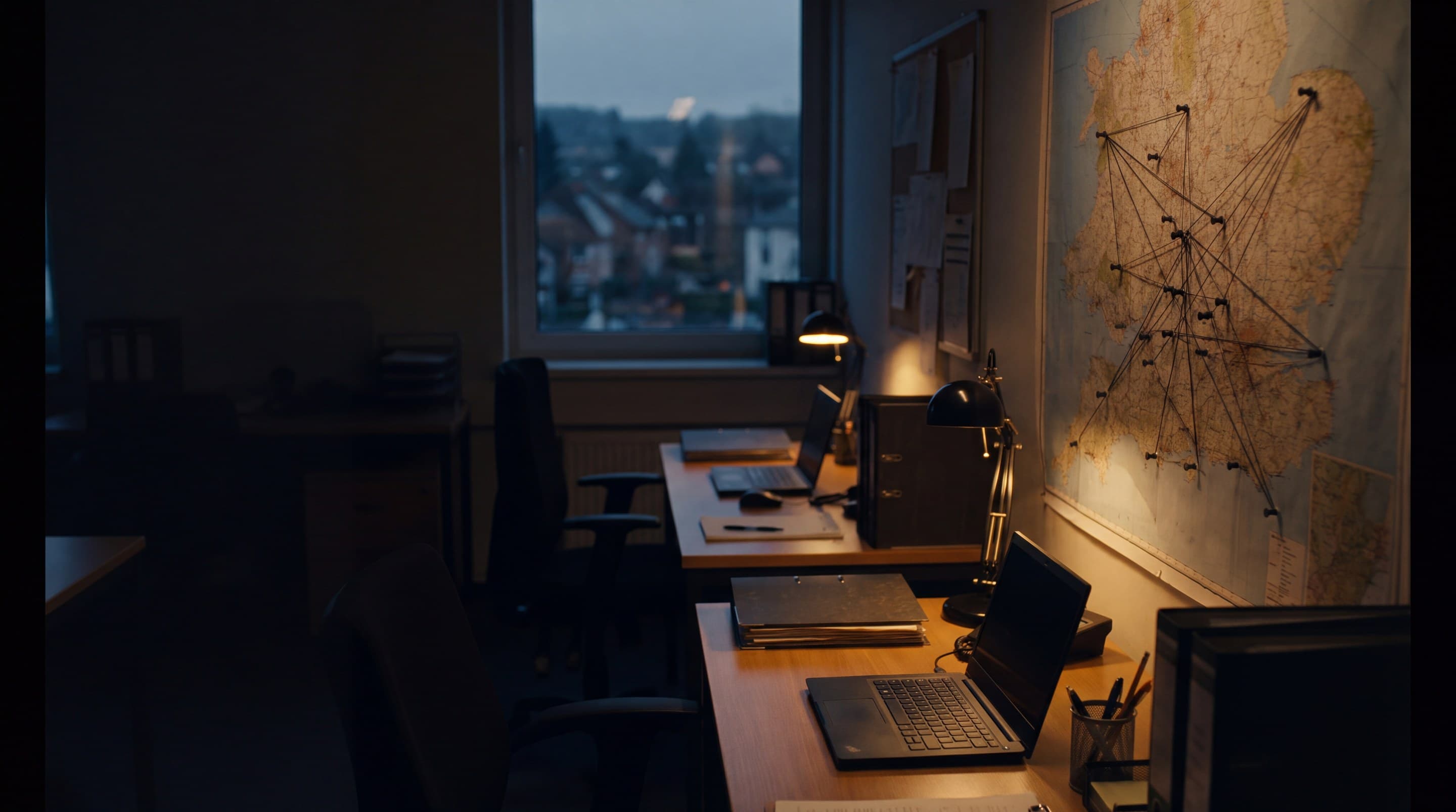 A regional research office at dusk, a wall map with partner hospitals pinned and linked, no people.
