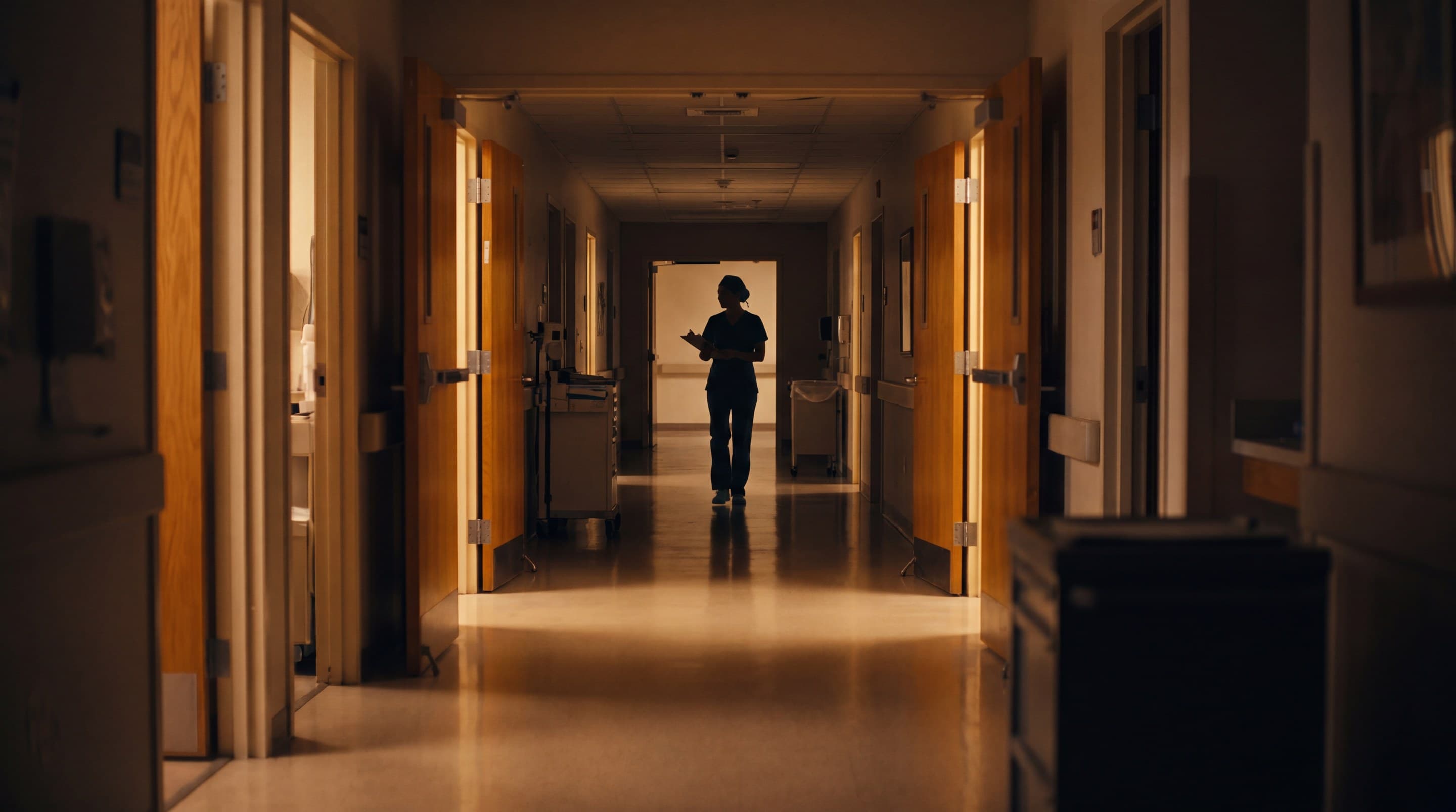 A research unit corridor at dusk, warm light from open study rooms and a nurse walking away.